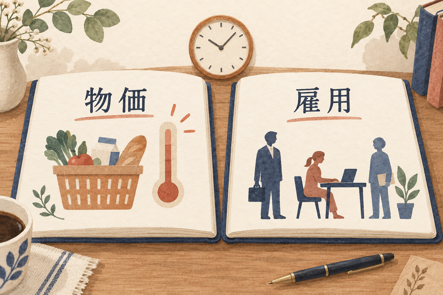 物価と雇用を別々のノートに描き、二つの材料を見比べるイラスト