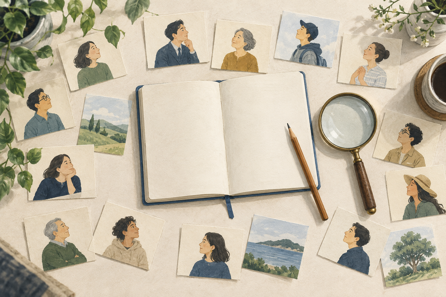 人の横顔を描いた複数のカードとノート、虫眼鏡を並べたイラスト
