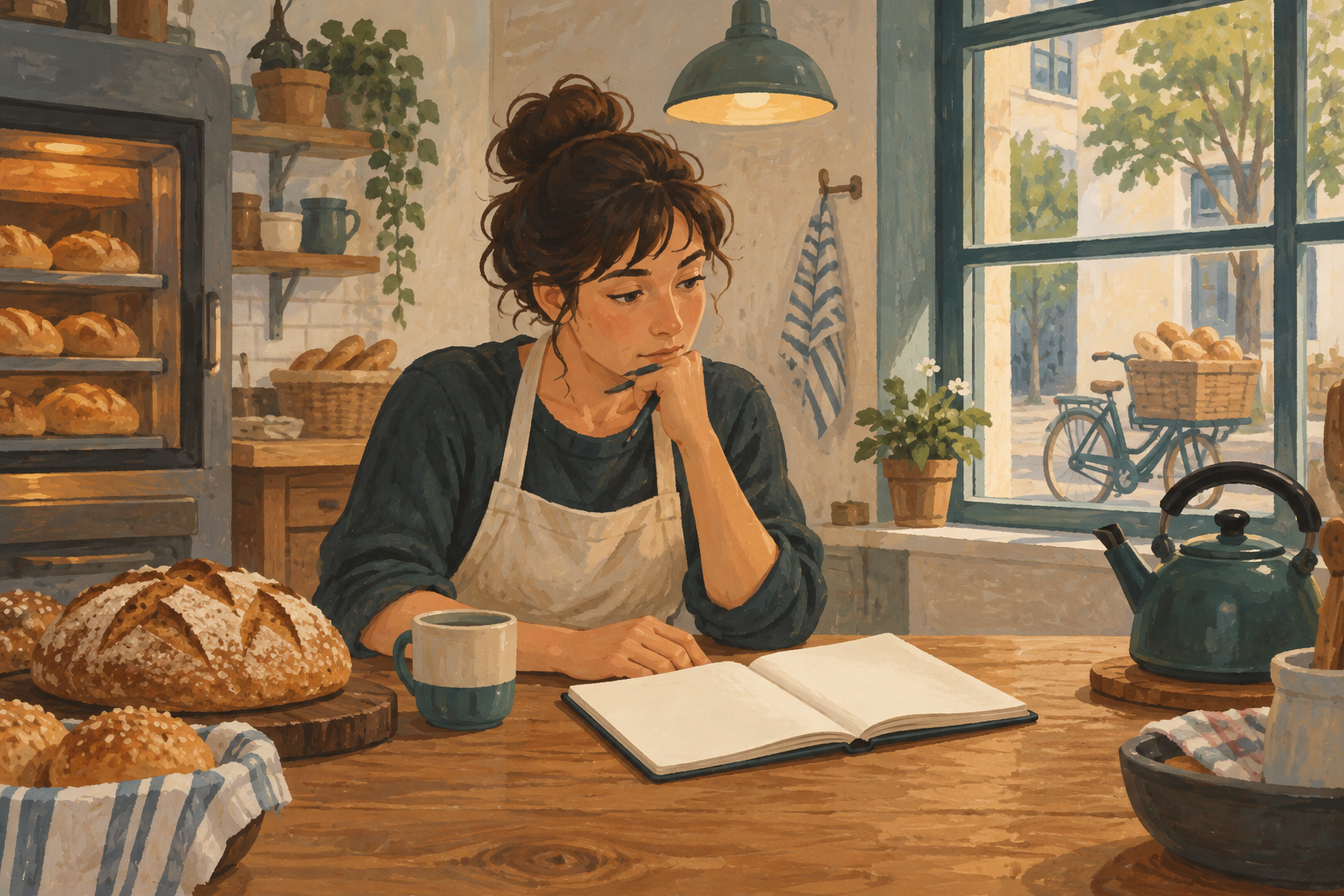 パン屋の作業台で費用のノートを確認する店主のイラスト