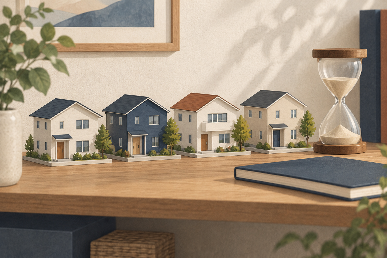 複数の住宅模型と砂時計を並べたイラスト