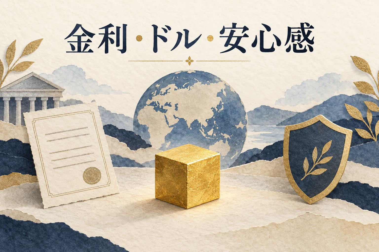 金の試料と地球儀、債券書類、盾で金利・ドル・安心感の関係を表現したイラスト
