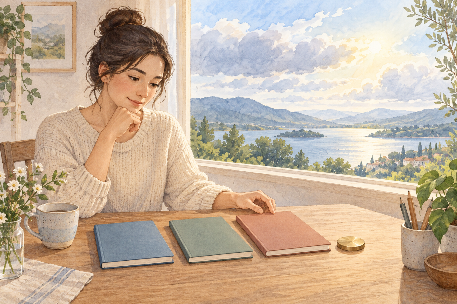 窓辺で三冊のノートを見比べながら考える人のイラスト