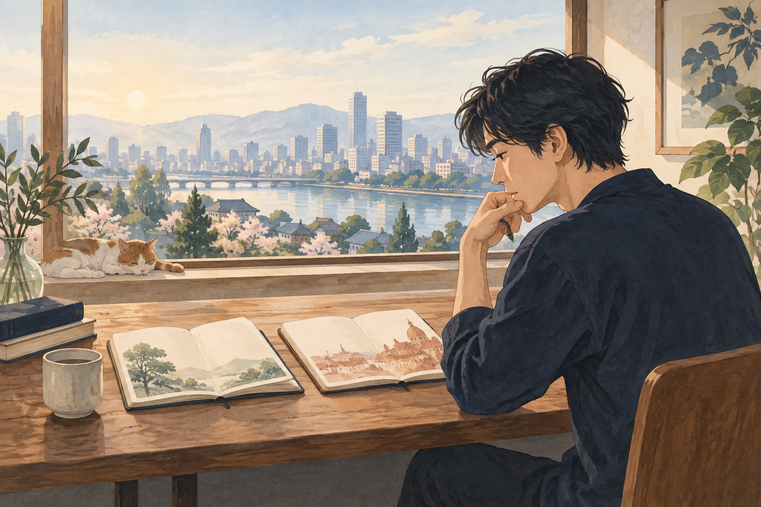 朝の窓辺で二冊のノートを見比べる人と、そばで休む猫のイラスト