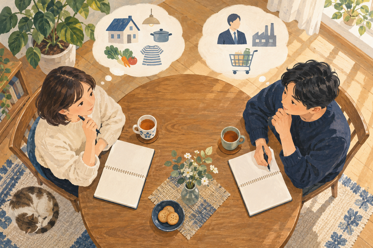丸いテーブルにノートを広げて話し合う二人を上から描いたイラスト
