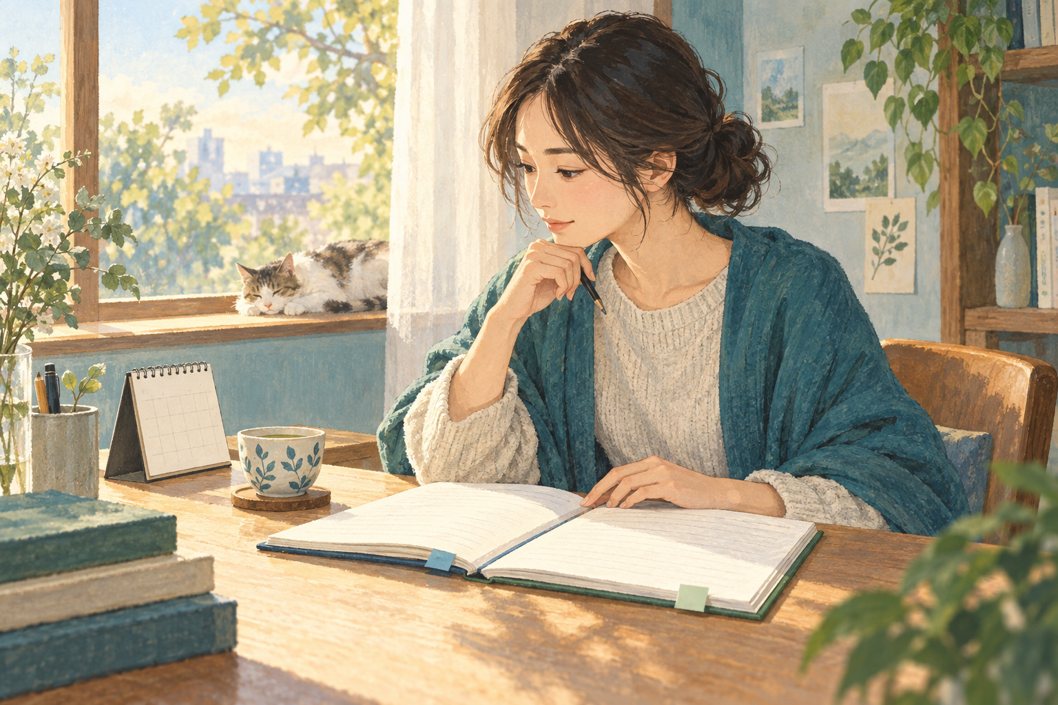 窓辺で二冊のノートを読み比べる人のイラスト
